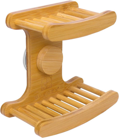 Suction Cup Soap Dish for Shower，Bamboo Soap Dish Holder for Shower, Suction Cup NO-Drilling, Self Draining for Bathroom，Natural Bamboo Color (Double soap Holder, Rectangular)