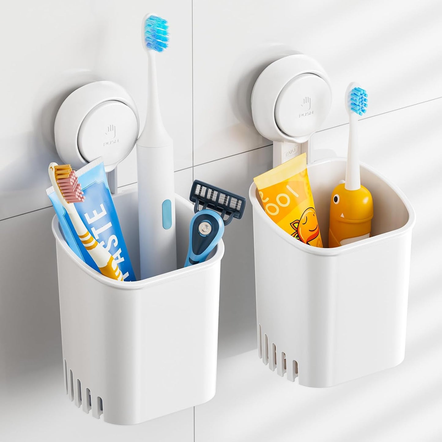 TAILI Upgraded Bathroom Mirror Suction Cup Toothbrush Holder with Razor Hook, Visible Safety Indicator, Large Capacity Inverted Trapezoid Design, Removable Shower Caddy for Toothbrush, Toothpaste, etc