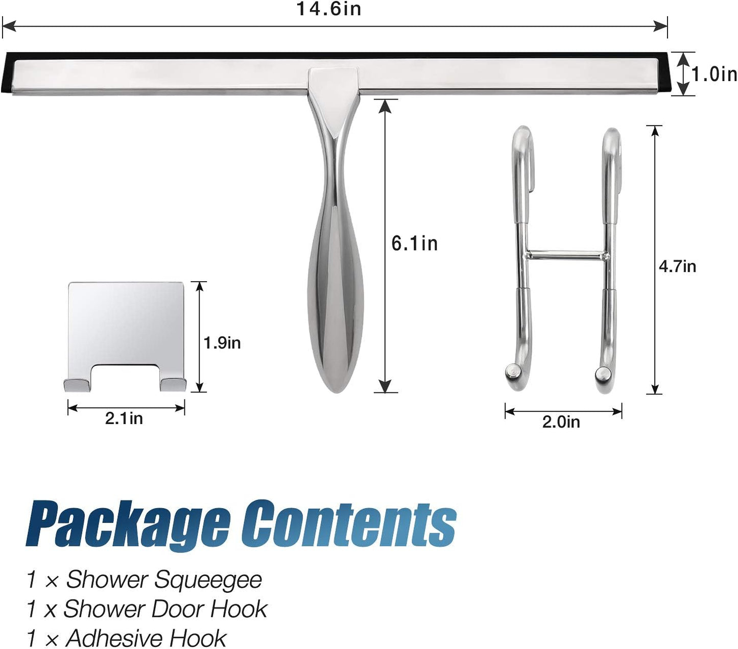 Simtive 14-Inch Shower Squeegee Set, Includes Shower Door Hook and Adhesive Hook, Squeegee for Shower Doors, Mirror and Window, Silver