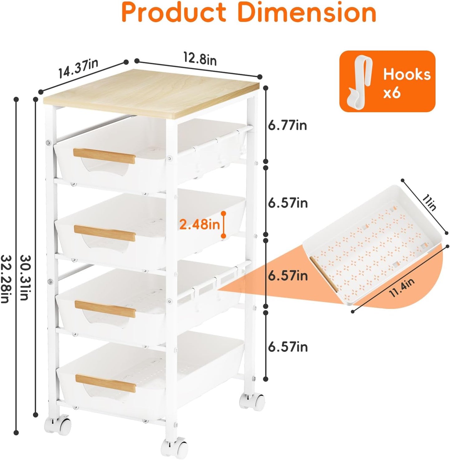 5-Tier Slim Storage Cart, Wooden Top Rolling Kitchen Cart with Pull-Out Baskets & Wheels, Narrow Space Utility Cart Slide Out Organizer for Kitchen, Bathroom, Laundry Room, White
