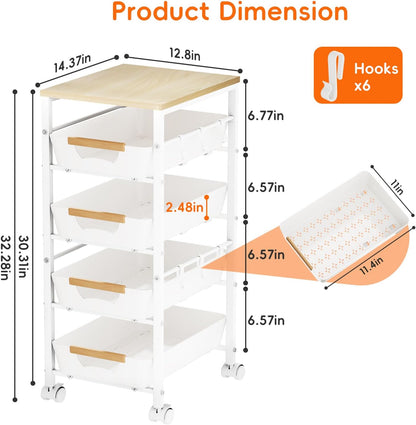 5-Tier Slim Storage Cart, Wooden Top Rolling Kitchen Cart with Pull-Out Baskets & Wheels, Narrow Space Utility Cart Slide Out Organizer for Kitchen, Bathroom, Laundry Room, White