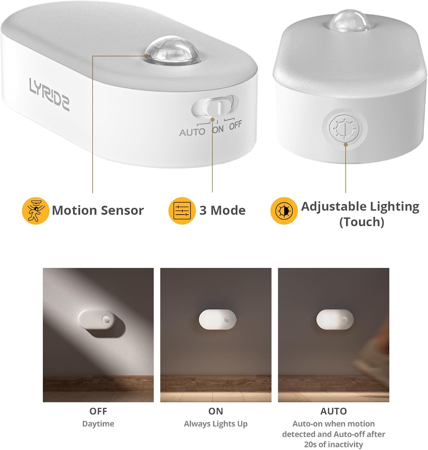 Lyridz Rechargeable Battery Night Light with Motion Sensor, Portable Mini Warm White LED Stick-on Closet Light, Adjustable Brightness for Bathroom, Bedroom, Kitchen, Cabinet, Stairs, Hallway, 2-Pack
