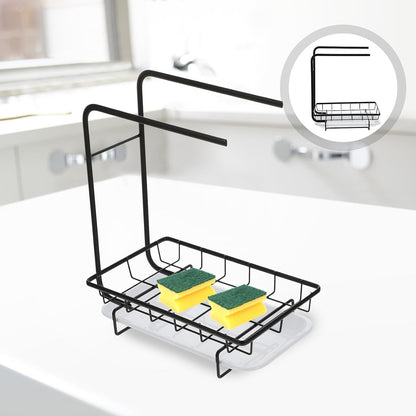 Healifty Kitchen Sponge Rack and Rag Rack, Wall-Mounted and Desktop Dual-Purpose Black Two-Rod Sponge Dishcloth Holder Drainage for Kitchen Storage and Cleaning Organization