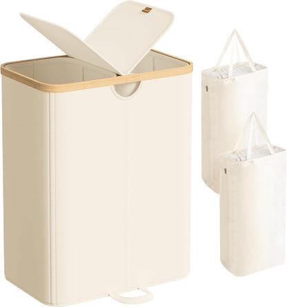 SONGMICS Laundry Hamper, Laundry Sorter with Lid, Storage Basket Bin, Removable Liners, Bamboo Frame, for Bedroom, 3 Sections, 44.9 Gal. (170 L), Ink Black ULCB533BH01