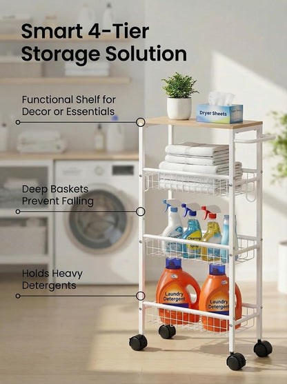 Rolling Utility Cart, 4-Tier Slim Narrow Storage Cart with Wheels for Kitchen, Laundry Room Organization, Metal Bathroom Organizer with Wood Top, Brown, 17.3" x 7.9" x 32.6"