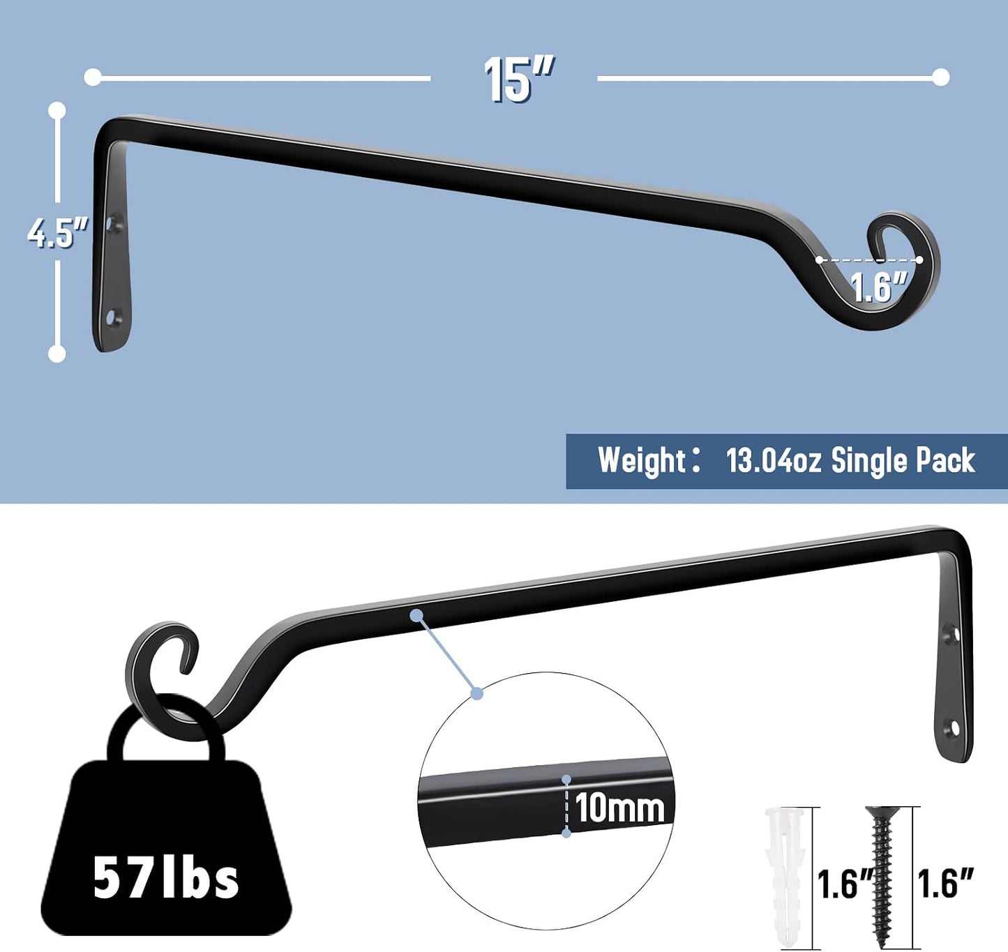 FEED GARDEN Heavy Duty Plant Hangers Outdoor Indoor, 8 Inch 2 Pack Metal Hanging Bracket Holds Up to 44 lbs, Wall Brackets for Hanging Baskets, Bird Feeders,Wind Chime& Lanterns, Black