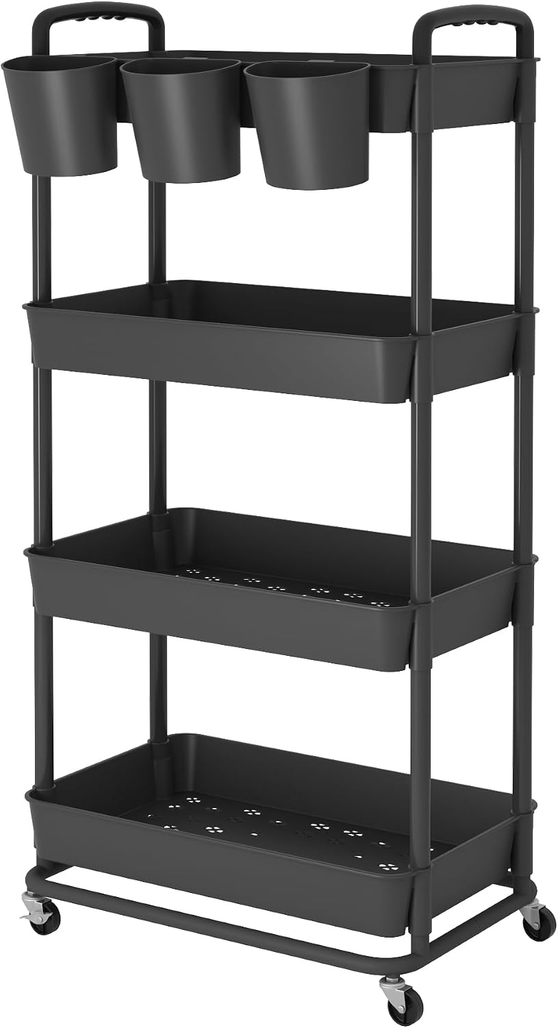 JIUYOTREE 4-Tier Plastic Rolling Storage Cart Utility Cart with Extra Hanging Cups Handles Lockable Wheels for Living Room Bathroom Kitchen Office White