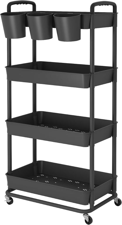 JIUYOTREE 4-Tier Plastic Rolling Storage Cart Utility Cart with Extra Hanging Cups Handles Lockable Wheels for Living Room Bathroom Kitchen Office White