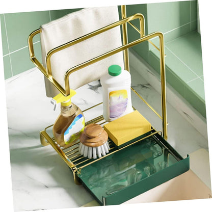Cabilock Kitchen Wall Mounted Iron Draining Rack with Triple Rods for Dish Cloth and Sponge Storage Space Saving Tableware Drying Organizer in Gold Practical Kitchen Cleaning Tool Holder