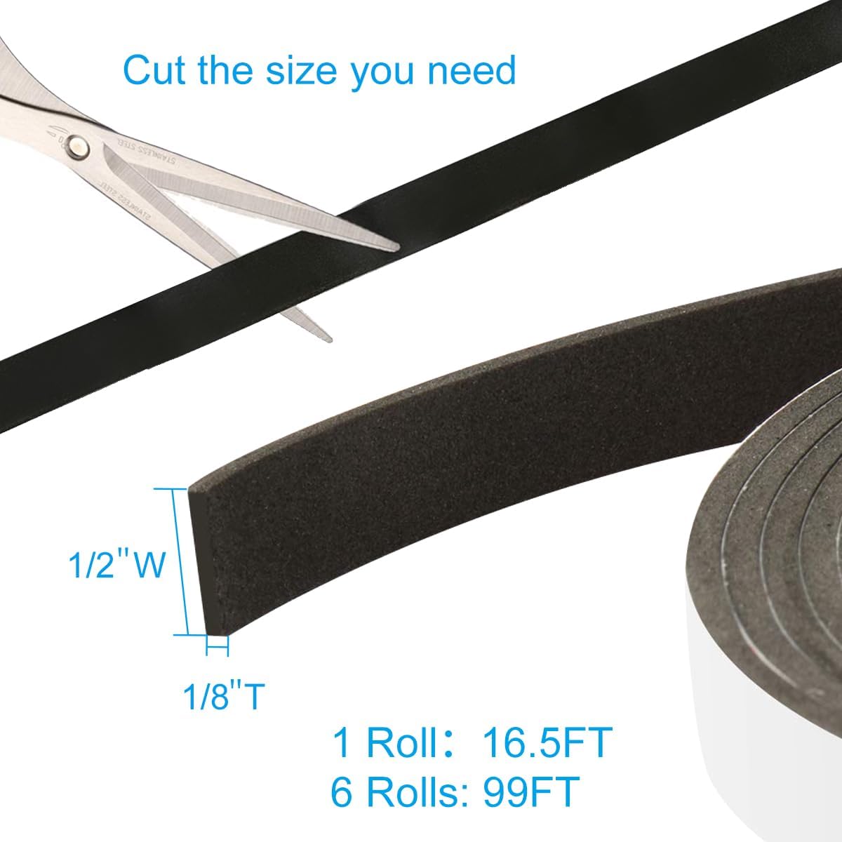 Seal Foam Tape,1/2 Inch W x 1/8 Inch T Weather Stripping for Door and Window,High Density Single Sided Closed Cell Door Insulation Weather Strip, 3 Rolls Total 50FT Black
