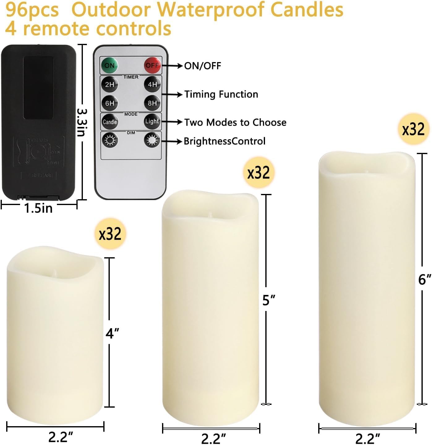 Enpornk Flameless Battery Operated Outdoor Waterproof Set of 12(D: 3" x H: 3" 4" 5" 6") Pillar LED Candles with 10-Key Remote and Cycling 24 Hours Timer