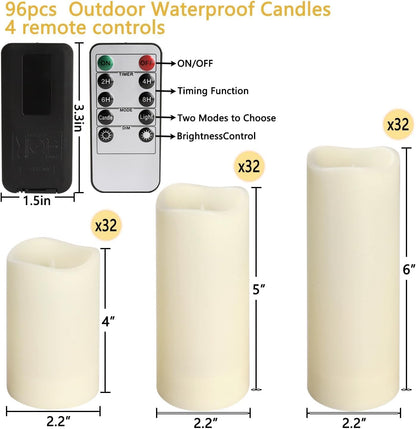Enpornk Flameless Battery Operated Outdoor Waterproof Set of 12(D: 3" x H: 3" 4" 5" 6") Pillar LED Candles with 10-Key Remote and Cycling 24 Hours Timer