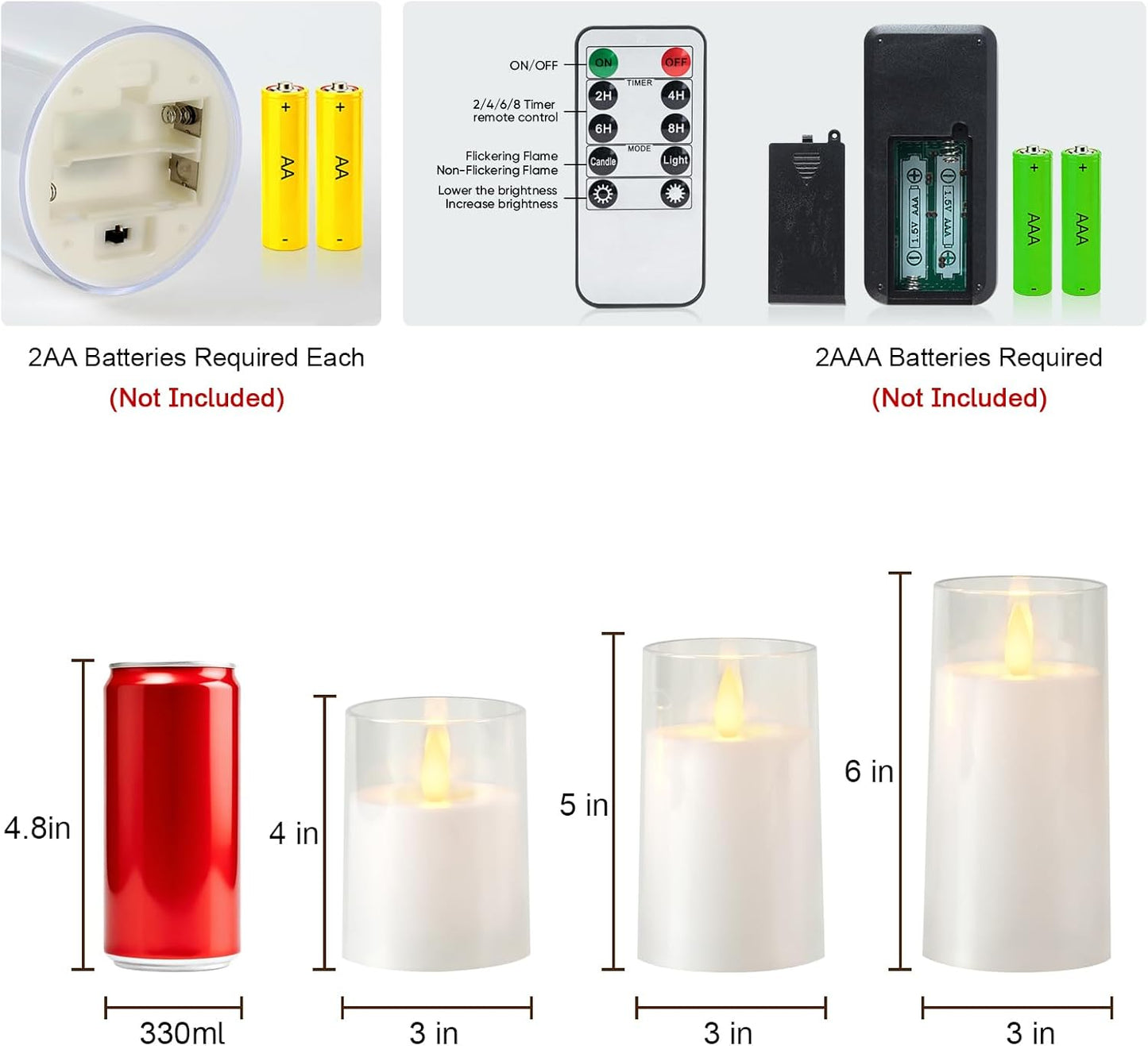 Raycare Flameless Electronic Pillar Candles with Remote Control and Timer- Battery Operated Realistic Flickering LED Fake Candle for Home, Wedding, Valentine's Day, Decor,White,Set of 2(3"x6"6")