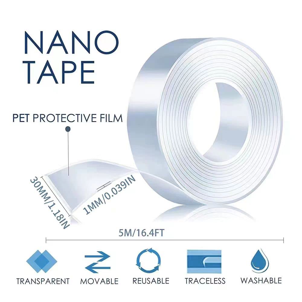 Heavy Duty Double Sided Nano Tape, 16.5FT Removable Mounting Tape, Clear Sticky Wall Tape No Residue, Multipurpose Adhesive Tape for Home Office, Poster, Picture Hanging, Indoor & Outdoor Use