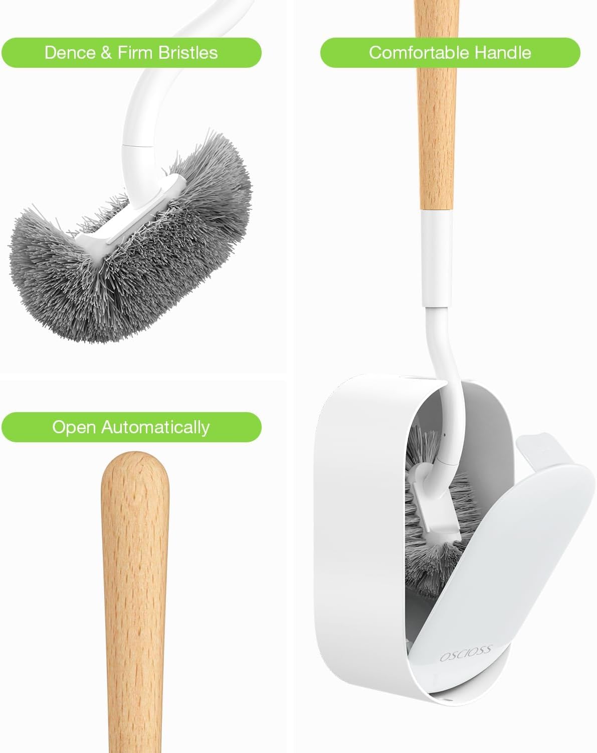 Toilet Bowl Brush and Holder, OSCIOSS Toilet Brush Set with Ergonomic Design, Compact Size, Durable Bristles, RV Toilet Brushes & Holders for Dead Corner Clean (White, 1pack)