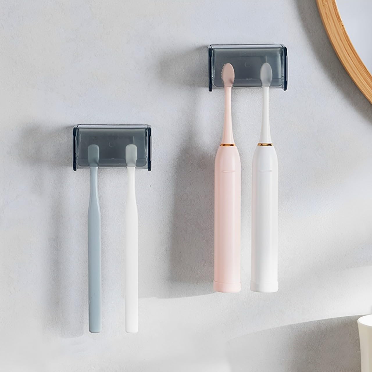 5 Slots Toothbrush Holder Wall Mount with Cover, Self Adhesive Toothbrushes Storage Organizer Perfect for Dorm Bathrooms and Shower, Holds 5 Toothbrushes. (White)