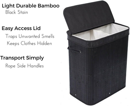 BIRDROCK HOME Double Laundry Hamper with Lid and Cloth Liner - Bamboo - Black - Easily Transport Laundry Basket - 2 Section Collapsible Hamper - String Handles