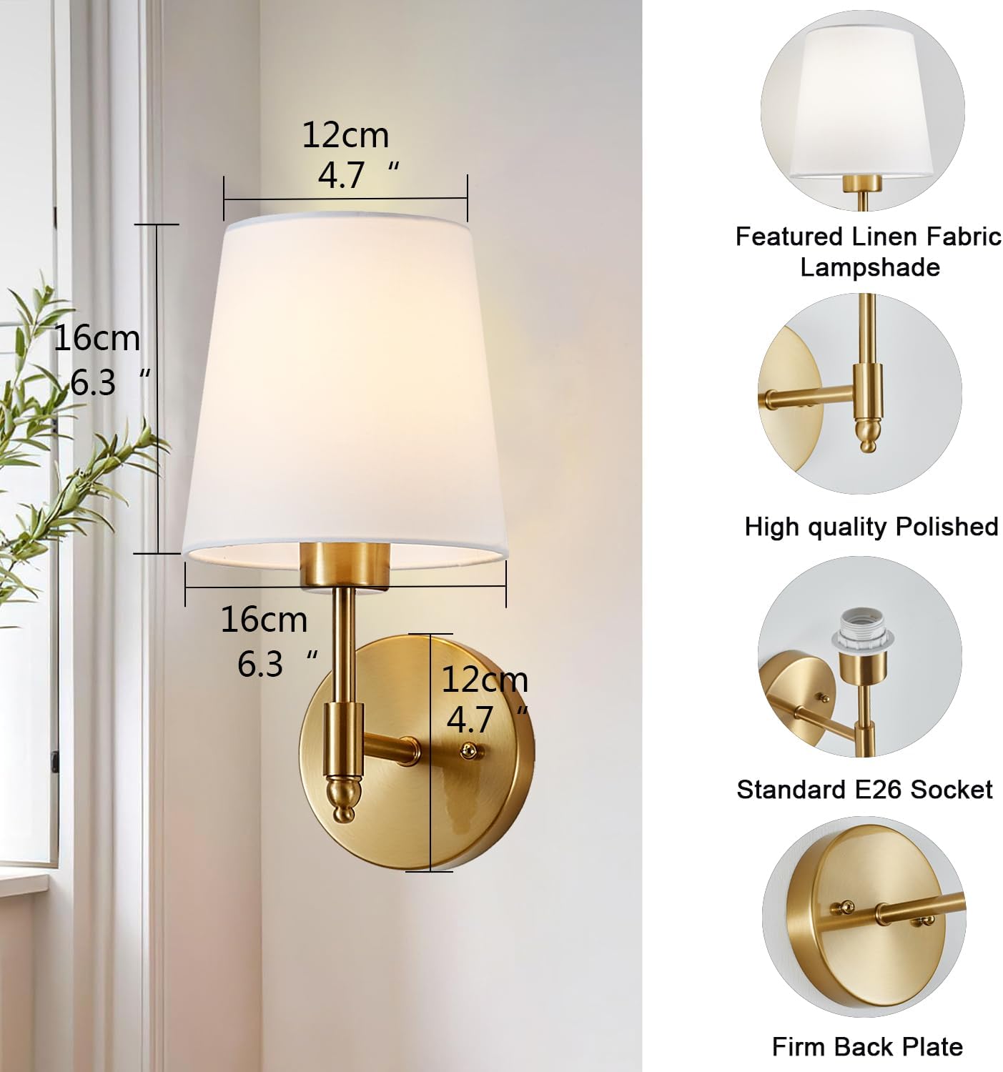 Battery Operated Wall Sconce Set of 2, Brushed Gold Rechargeable Wall Lights with Remote Control and Dimmable LED Bulbs, 13 Light Colors Wireless Wall Lamps for Bedroom Living Room Hallway (Gold)