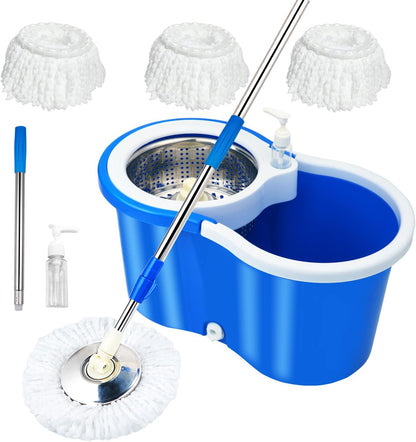 Spin Mop and Bucket with Wringer Set, 360° Rotating Head Mop Bucket System with 3 Microfiber Mop Refills Wet and Dry Suitable for Office and Home Use, Green (Black-Plus)