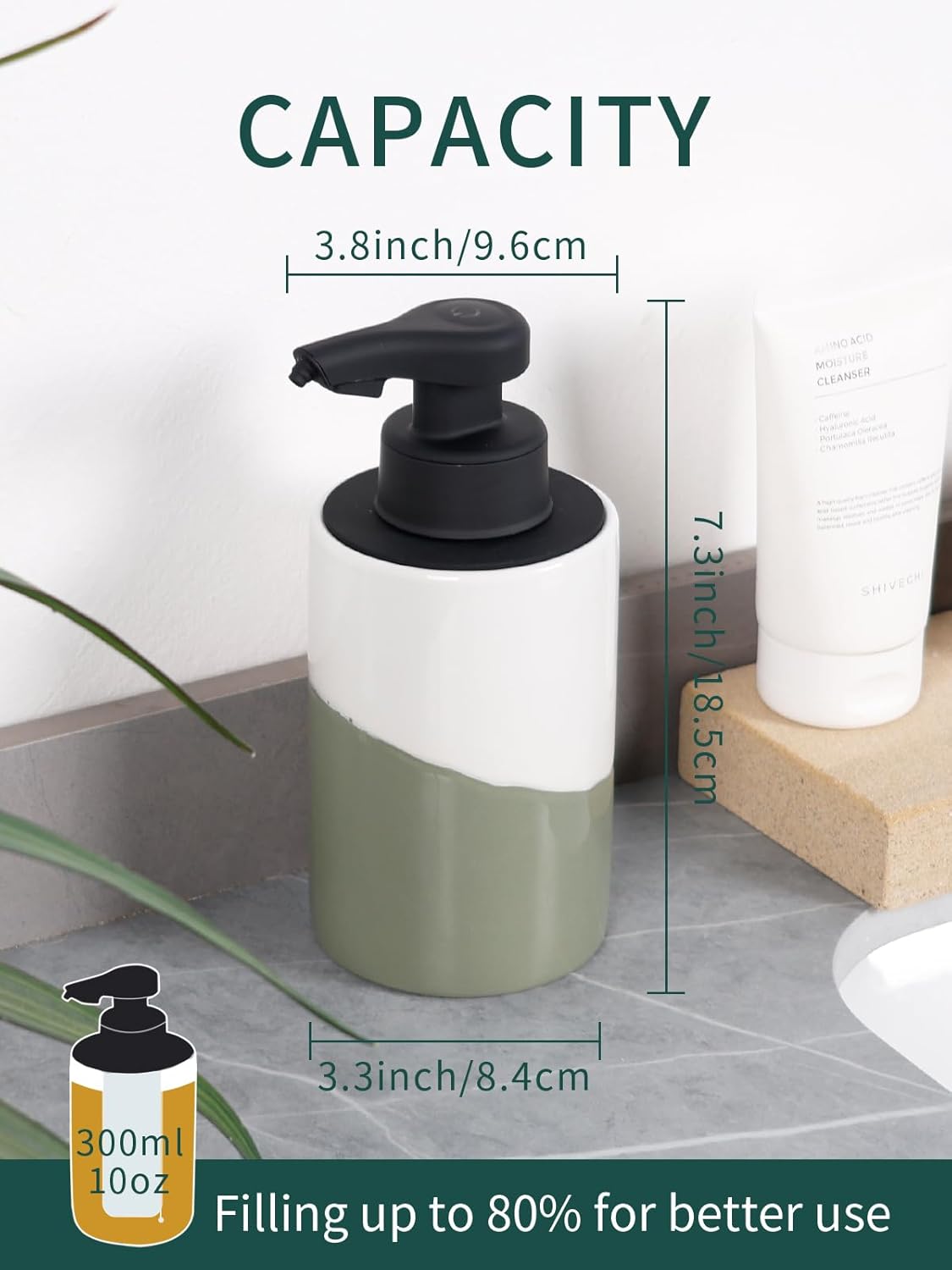 BosilunLife Automatic Soap Dispenser Ceramic Hand Free Soap Dispenser with Waterproof Pump Rechargeable Smart Electric Lotion Soap Dispenser Touchless (White-Green, Foam Pump)