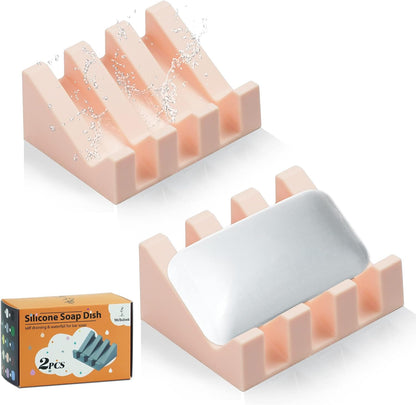 Self Draining Silicone Soap Dish with Suction Cups - Non-Slip Bar Soap Holder for Shower & Kitchen, Waterfall Tray Keeps Soap Dry, Easy Clean, Extends Soap Life (White, 1)