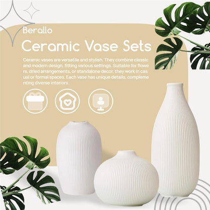 Ceramic Vase Set of 3 - Small Modern Minimalist Ceramic Bud Vases for Home Decor - Boho Aesthetic Flower Vases for Desk, Shelf & Table, Mantle, Bookshelf (Cute & Versatile) (Neutral Mix)