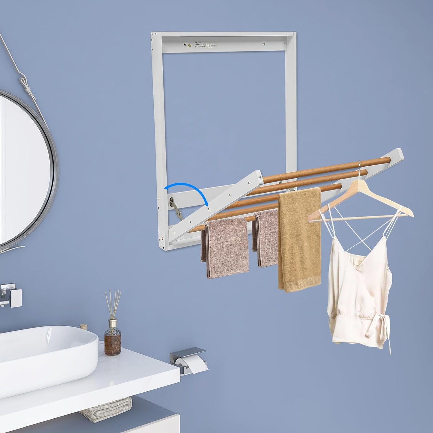 Wall Mounted Clothes Drying Rack, Foldable Wooden Laundry Dryer Rack for Indoor Use, Space Saving Drop-Down Design with Retractable Rods for Bathroom & Laundry Room (White)