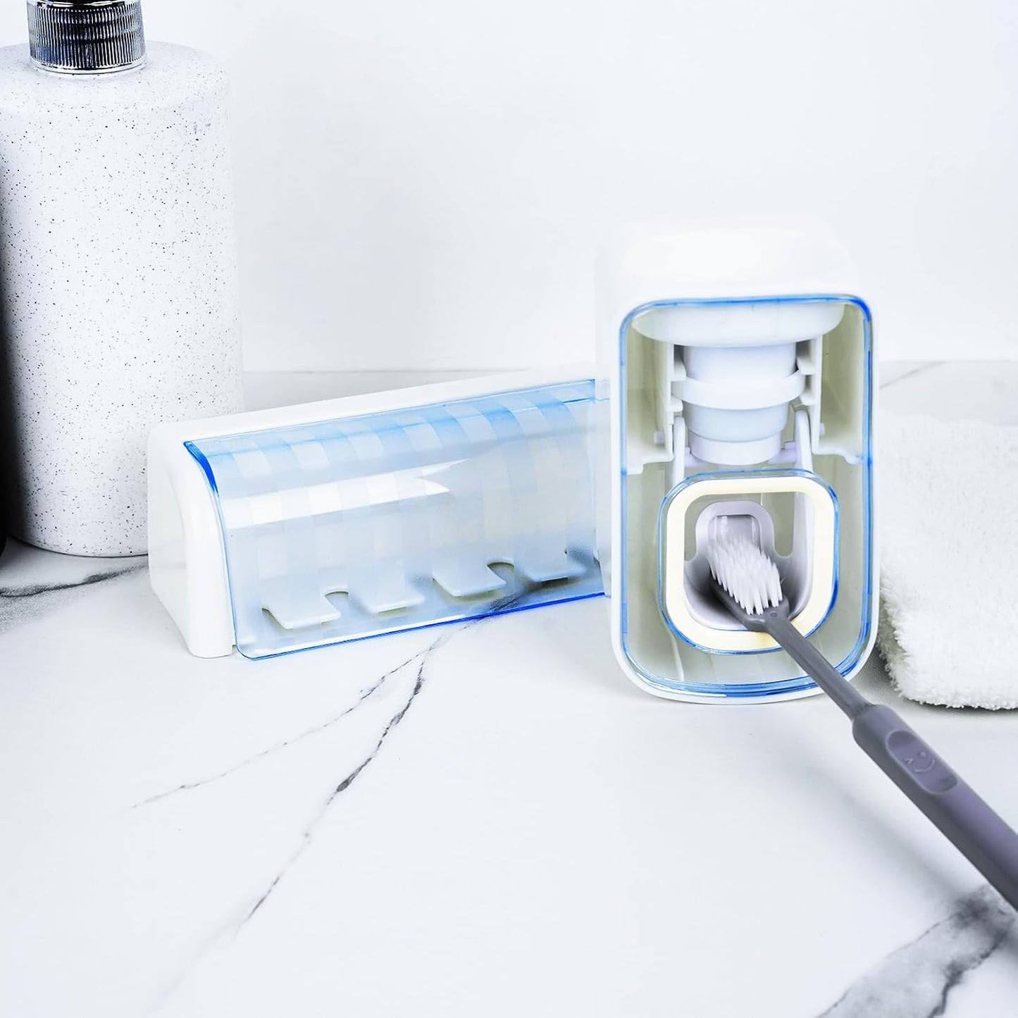 5 Slots Wall Mount Toothbrush Holder with Cover, Self Adhesive Toothbrush Storage Organizer for Shower, Toothbrush Hanger with Automatic Toothpaste Squeezer Dispenser