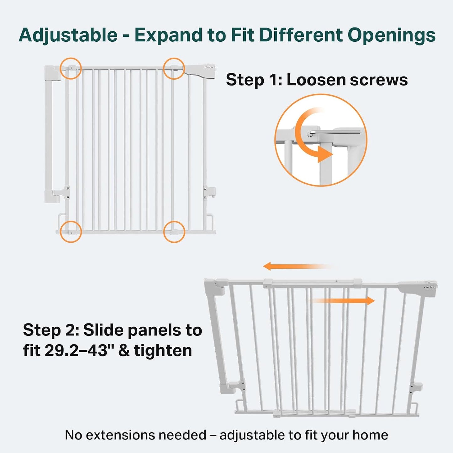 Cumbor 29.2–43" Baby Gate for Stairs, Hardware Mounted (Drill Required), Expandable No Bottom Bar Dog Gate, Auto Close Extra Wide Walk Thru, Pet & Toddler Proof Gate, Top & Bottom of Stairways (White)