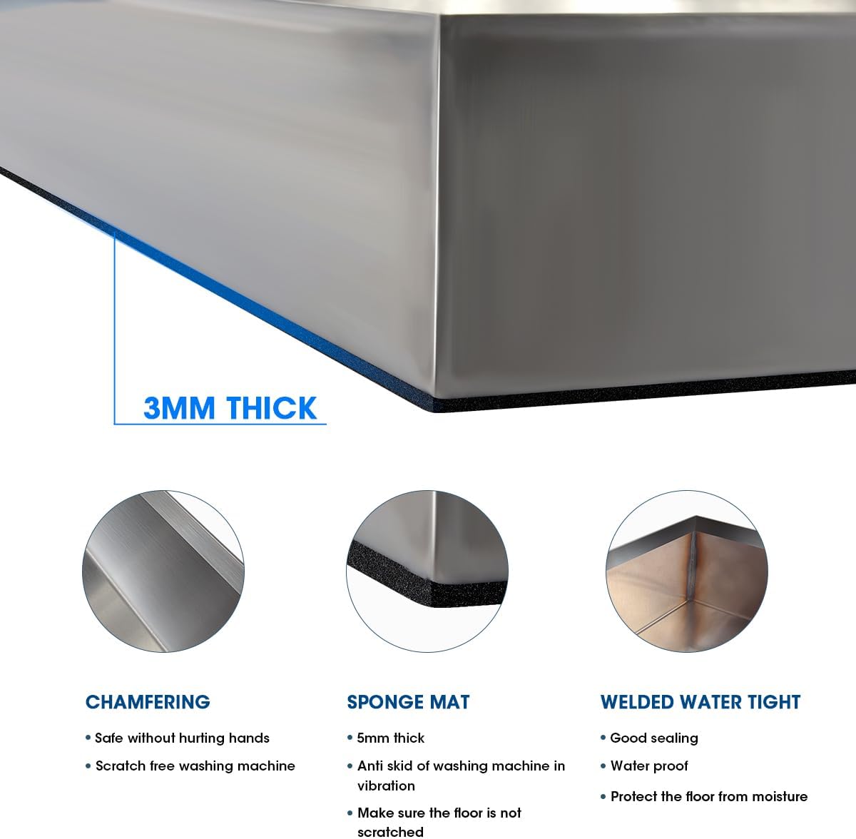 Washing Machine Pan-30" x 32" x 2.5", Heavy Duty 304 Stainless Steel, Washing Machine Tray with Anti-Slip Bottom Pad, Raised Edge Drain Pan, No Hole, Leak Protection for Laundry Room