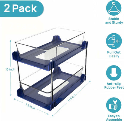 2 Pack Bathroom Organizer,2 Tier Blue Under Sink Organizers Vanity Countertop Storage Container,Cabinet Drawers Bins, Pull-Out Organization with Track for Pantry, Kitchen