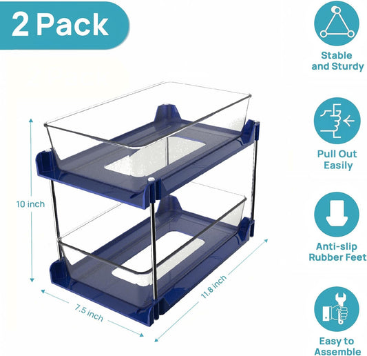 2 Pack Bathroom Organizer,2 Tier Blue Under Sink Organizers Vanity Countertop Storage Container,Cabinet Drawers Bins, Pull-Out Organization with Track for Pantry, Kitchen