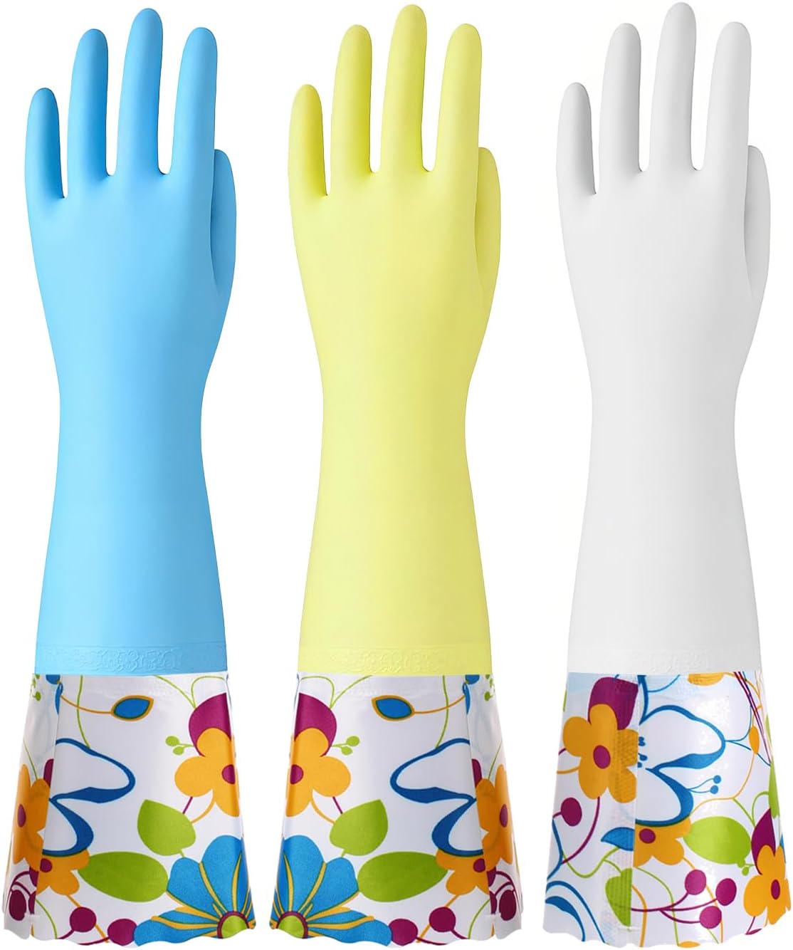 Bamllum 2 Pairs Rubber Cleaning Gloves, Household Kitchen Dishwashing Gloves with Cotton Flocked Liner, Long Cuff 16 Inches (Yellow+Pink, Medium)