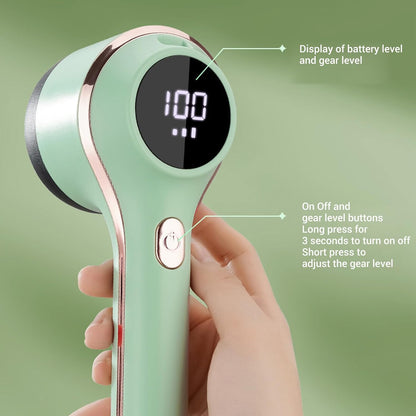 Rechargeable Electric Fabric Shaver with LED Display, 3-Speed Lint Remover for Clothes and Furniture, 6-Blade Portable Sweater Defuzzer, Battery-Powered Fuzz Remover - Green
