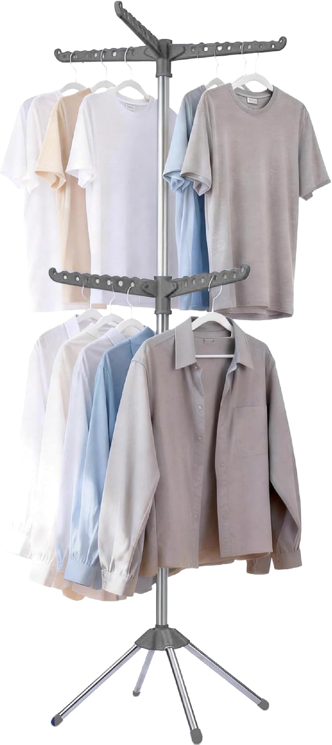 Beaudaily Clothes Drying Rack, Foldable 79.5-Inch Laundry Drying Rack,3 Tie, with Rotatable Arms, Stainless Steel, Holds 27 Clothes,8 Towels and 24 Clips for Hanging Socks, White and Silver