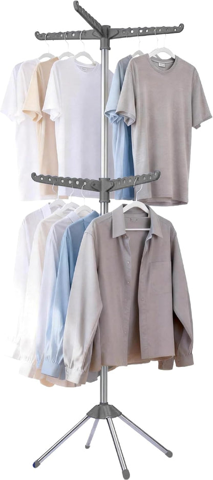 Beaudaily Clothes Drying Rack, Foldable 79.5-Inch Laundry Drying Rack,3 Tie, with Rotatable Arms, Stainless Steel, Holds 27 Clothes,8 Towels and 24 Clips for Hanging Socks, White and Silver