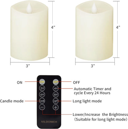 3x3 Flickering Flameless Candles Set of 2, 2AA Battery Life 600 Hours Battery Candles Flickering with Timer,3 inch Flameless Candles with Remote for Indoor/Outdoor, Ivory