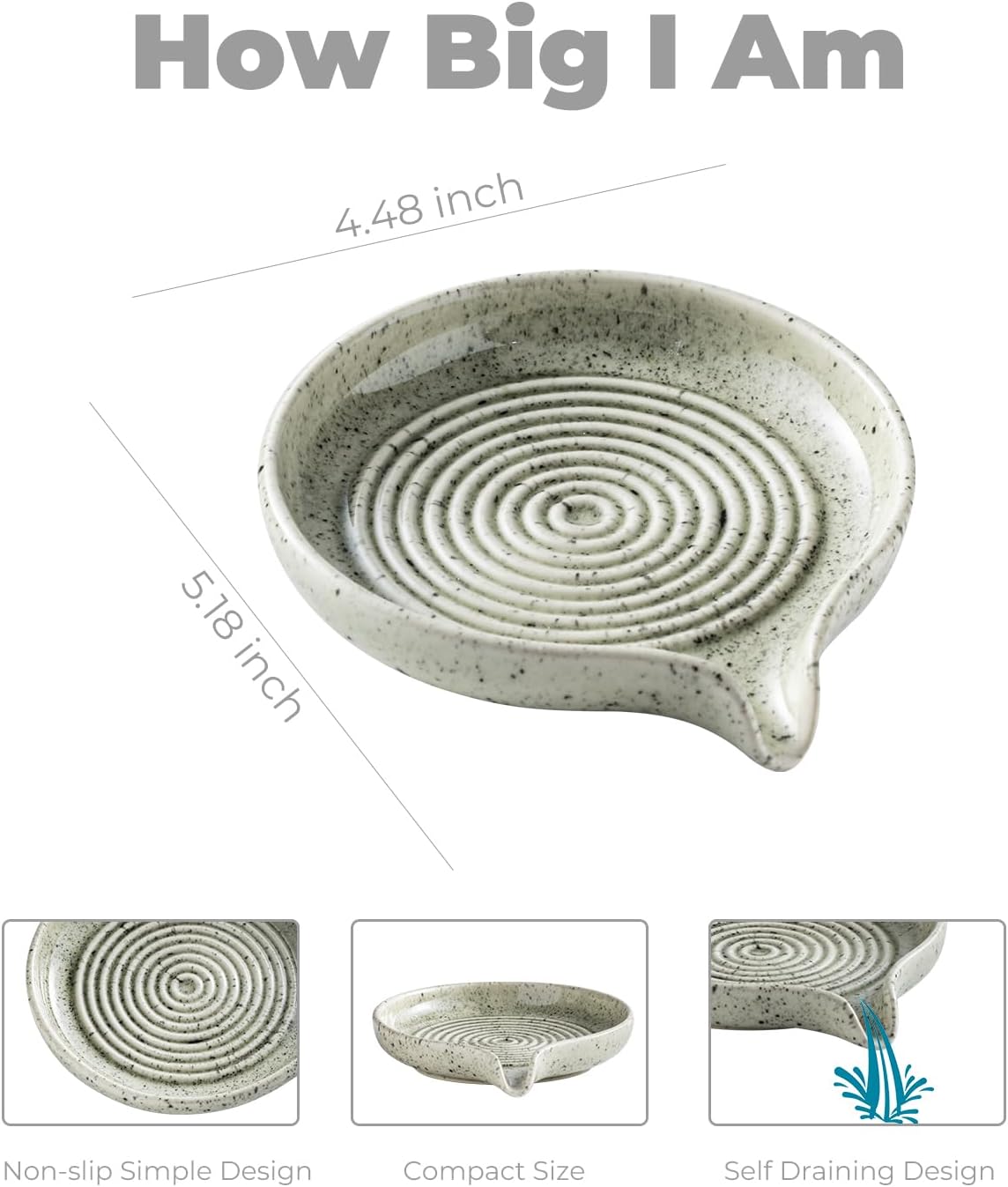Self Draining Soap Dish, Ceramic Drain Soap Holder Waterfall Design Soap Saver for Shower, Bathroom, Sink, Kitchen and Countertop, Keeps Dry, Green