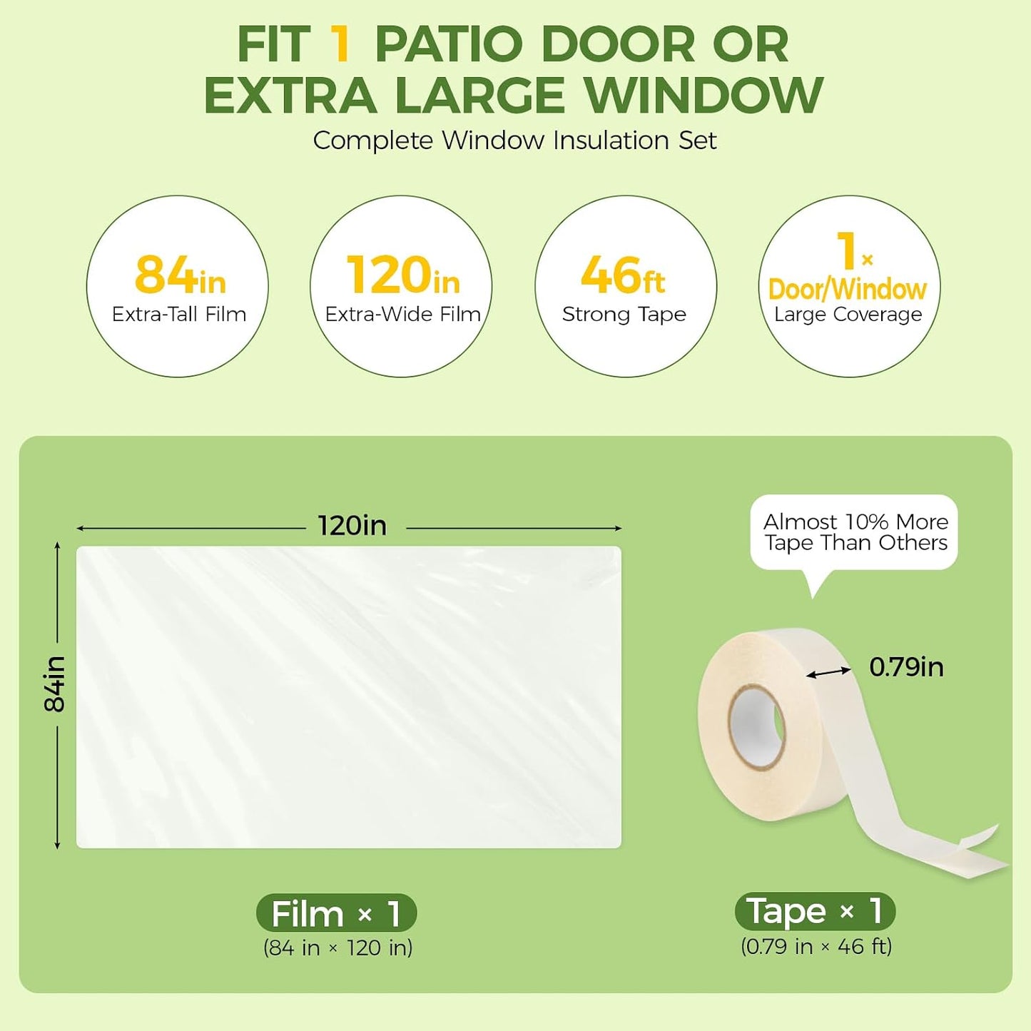 FLYZZZ Patio Door Window Insulation Kit, 84X120in Heavy Duty (0.9 Mil) Winter Shrink Film, Indoor Plastic Covering with Wide Tape for One Standard Patio Door/Extra Large Window