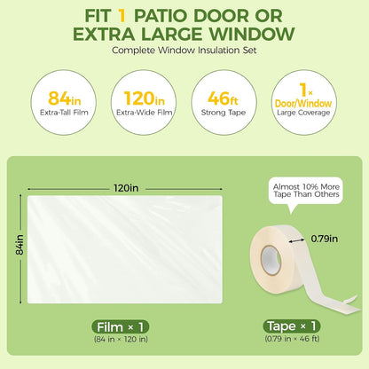 FLYZZZ Patio Door Window Insulation Kit, 84X120in Heavy Duty (0.9 Mil) Winter Shrink Film, Indoor Plastic Covering with Wide Tape for One Standard Patio Door/Extra Large Window
