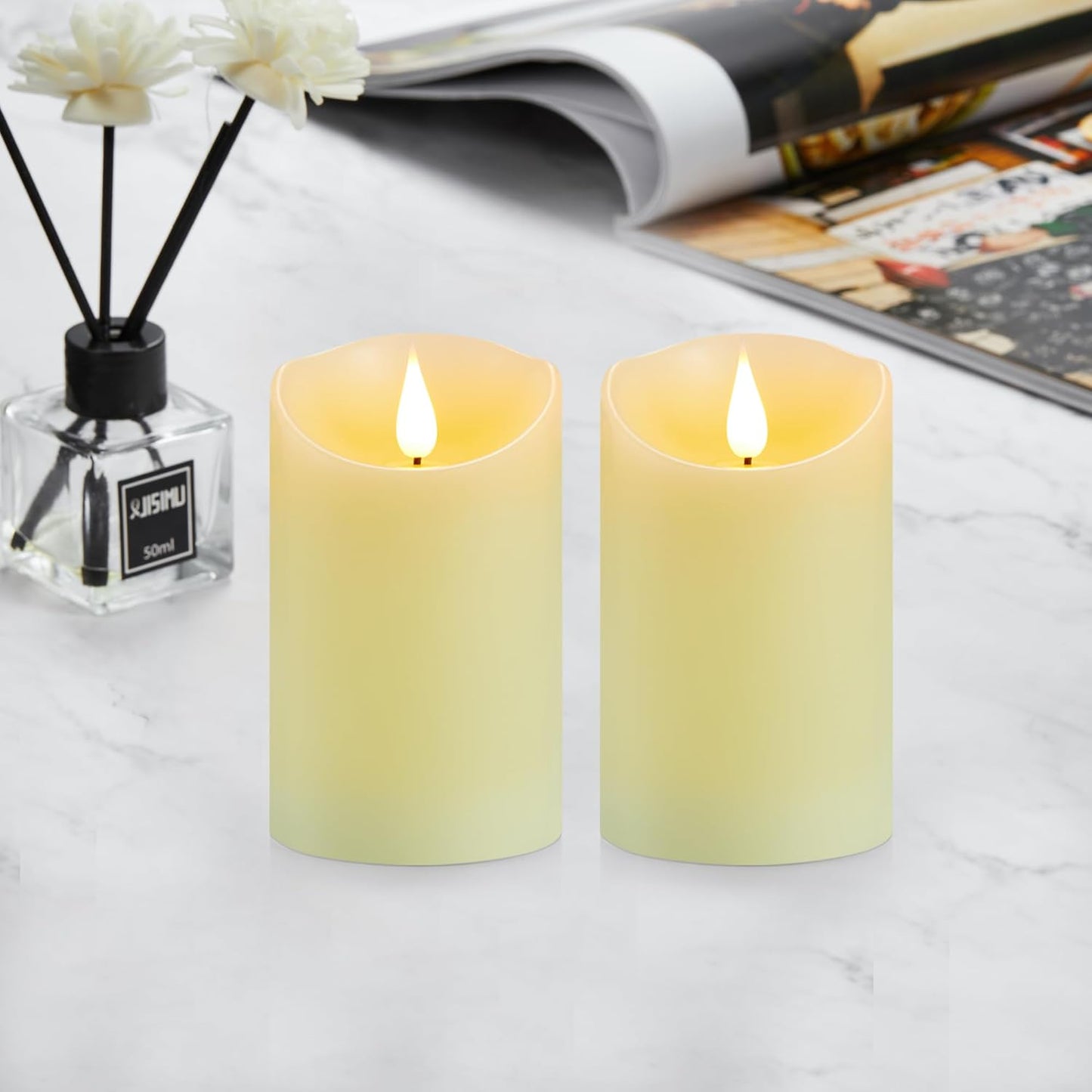Flameless Candles, Battery Operated Candles with Remote and Timer, 3" x 4", Set of 2, LED Candles Flickering Electric Pillar Candles, Ivory Real Wax for Home Wedding Birthday Decoration
