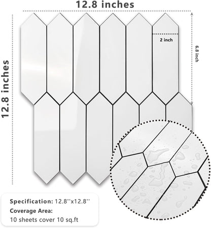 Vamos Tile Glossy Dolomite White Backsplash Tile Peel and Stick, 12.8 x 12.8 Inch 10 Sheets Long Hexagon PVC Self Adhesive Mosaic Wall Tiles Stick on Backsplash for Kitchen and Bathroom