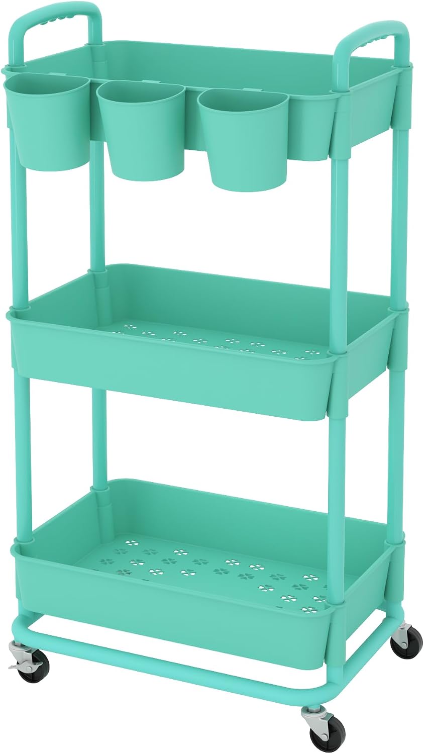 JIUYOTREE 4-Tier Plastic Rolling Storage Cart Utility Cart with Extra Hanging Cups Handles Lockable Wheels for Living Room Bathroom Kitchen Office White