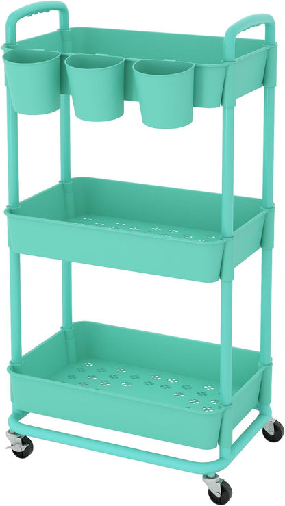 JIUYOTREE 4-Tier Plastic Rolling Storage Cart Utility Cart with Extra Hanging Cups Handles Lockable Wheels for Living Room Bathroom Kitchen Office White