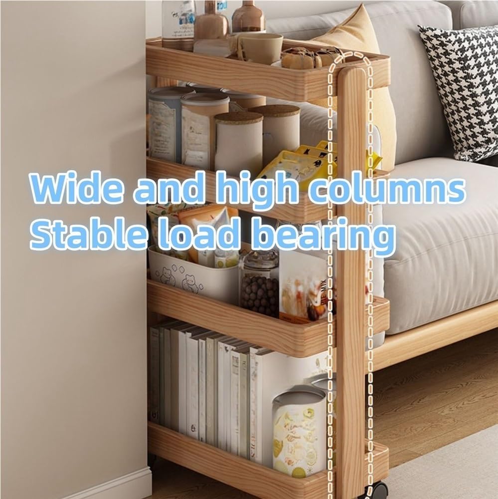 Tea Cart, Storage Rack, Rolling Cart with 4 Tiered Storage, Storage Cart with Universal Wheels and Heightened and Widened Columns, Utility Wood Cart for Bedrooms, Living Rooms(Beige,15.8x7.9x31.9in)