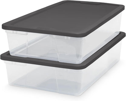 HOMZ 2-Pack Snaplock, Small Clear Plastic Storage Organizer Bins w/ Lids, 28 Quart, Gray - Stackable Container Boxes for Bedroom, Bathroom, Garage, and Office Organization