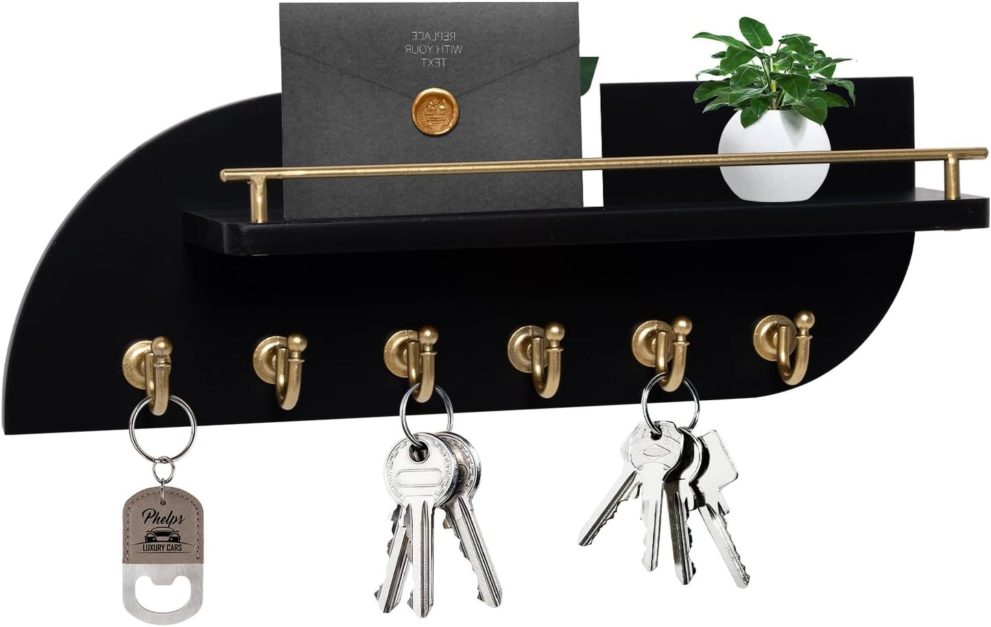 Key Holder for Wall, Decorative Key and Mail Organizer with 6 Sturdy Metal Hooks and Floating Shelf, 14 Inches Wood Wall Mounted Key Rack for Entryway, White and Gold