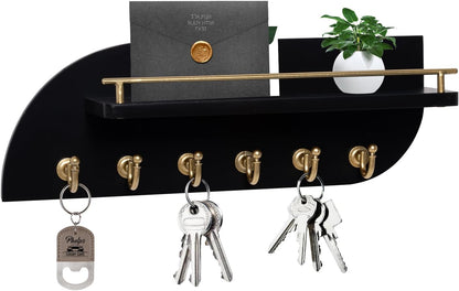 Key Holder for Wall, Decorative Key and Mail Organizer with 6 Sturdy Metal Hooks and Floating Shelf, 14 Inches Wood Wall Mounted Key Rack for Entryway, White and Gold