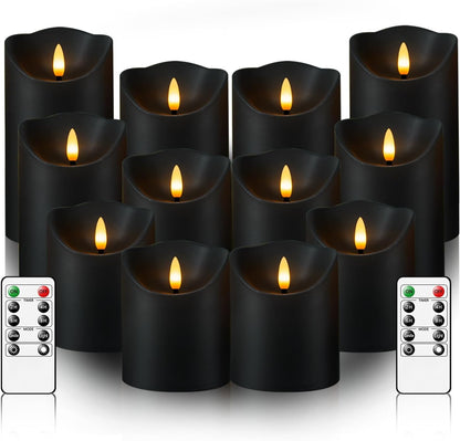 kakoya Flameless LED Candles Battery Operated with Remote and Timer,Flickering Electric Fake Plastic Pillar Candles Set of 12(D3 x H 3" 4" 5") Ivory