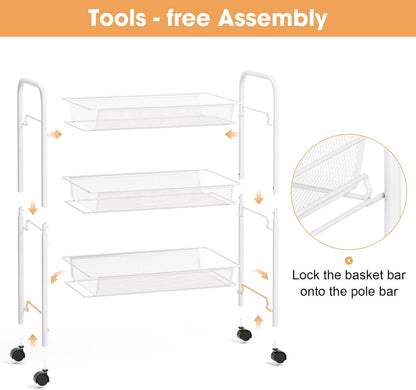 TOOLF 3-Tier Metal Rolling Cart, Mesh Wire Easy Assemble Utility Cart, Storage Trolley on Wheels with 3 Hooks, MetalStorage Shelving Units for Kitchen Bathroom Laundry Room